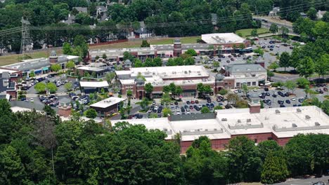 Aerial-static-shot-of-american-shopping-center-and-storefronts-in-USA