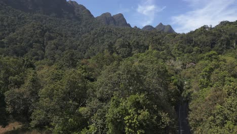 Gesundes-Ökosystem,-Grünes-Dschungeldach-Bedeckt-Die-Hänge-Der-Dramatischen-Berggipfel-In-Langkawi,-Malaysia