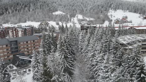 Un-Pintoresco-Pueblo-Enclavado-En-Un-Paisaje-Nevado,-Con-Encantadores-Edificios-Rodeados-Por-Un-Sereno-Paraíso-Invernal