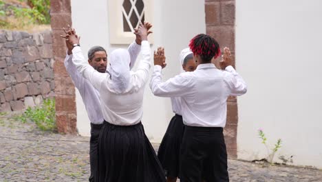 Two-Couples-Dancing-in-Village-on-Cape-Verde,-Traditional-Folk-Dance,-Slow-Motion