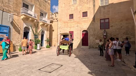 Eine-Pferdekutsche-Transportiert-Touristen-Und-Reisende-Durch-Die-Bezaubernden-Straßen-Von-Mdina,-Malta