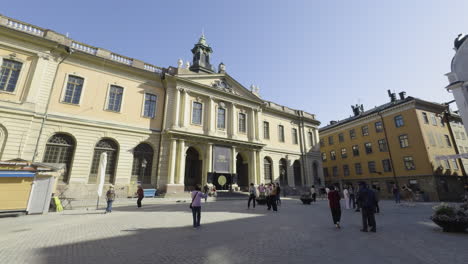 Establishing-frontal-view-of-the-Nobel-Prize-museum-under-sunny-bright-blue-sky