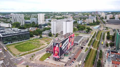 Buildings-In-Market-Square-In-Katowice,-Poland---Aerial-Drone-Shot