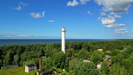 Aerial-Establishing-at-Latvian-coastline,-lighthouse-sea-view-in-Miķeļtornis