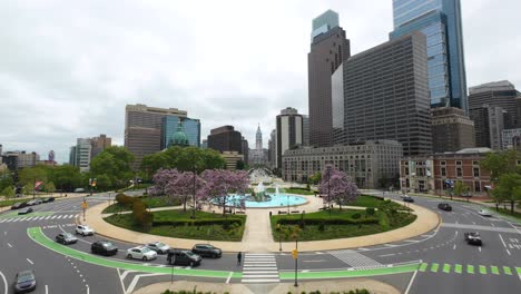 Low-FPV-drone-shot-of-Logan-Square-in-downtown-Philadelphia-during-spring