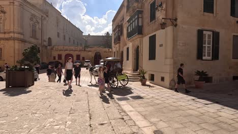 A-small-square-in-Mdina,-Malta,-where-a-horse-drawn-carriage-passes-by-amidst-visitors-and-travelers,-capturing-the-charm-and-activity-of-this-historic-site