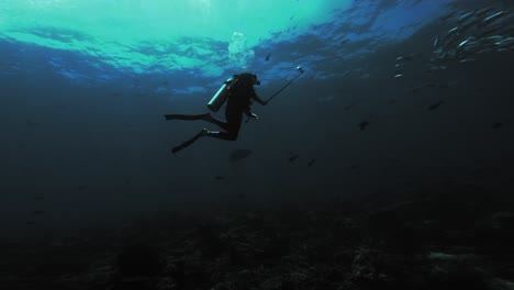 Un-Buzo-Flota-En-Mitad-Del-Agua,-Capturando-El-Paisaje-Submarino-Con-Un-Palo-Para-Selfies