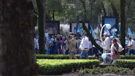 People-marching,-protest-holding-blug-flags-and-signs,-Mexico-City