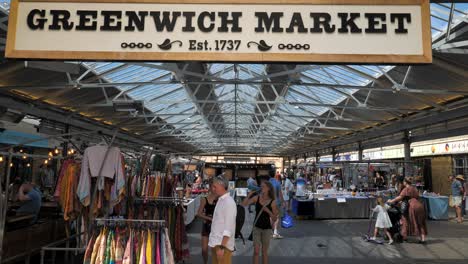 Exterior-of-Greenwich-Market-sign-and-hall,-Greenwich,-London,-UK,-July-2023