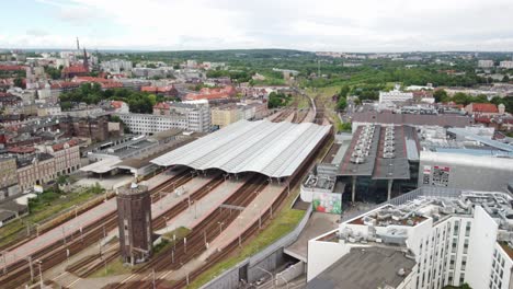 Aerial-View-Over-Railway-Station-In-Katowice,-Poland---Drone-Shot