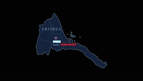 Eritrea-Blaue-Karte-Mit-Asmara-Hauptstadt-Und-Geografischen-Koordinaten-Auf-Schwarzem-Hintergrund