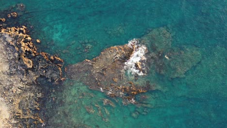 Aerial-straight-down-view-of-a-rocky-shoreline-with-clear-turquoise-water-off-the-coast-of-Hawaii