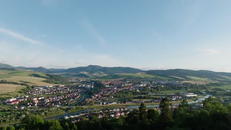 Aerial-drone-view-of-Stara-Lubovna-city-in-Slovakia-on-sunny-day