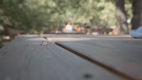 Ein-Ruhiger-Tag-Im-Park,-Von-Einem-Holztisch-Aus-Auf-Die-Ferne,-Verschwommene-Menschenmenge-Blickend