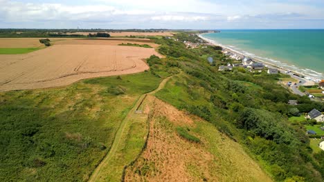 An-aerial-drone-shot-of-Omaha-Beach,-Normandy,-France