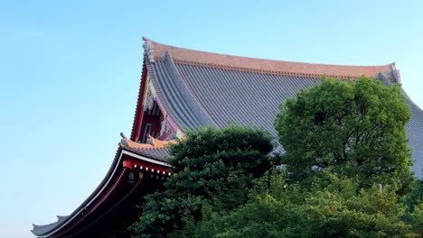 Techo-De-Templo-Japonés-Tradicional-Y-Exuberante-Vegetación-En-Un-Día-Claro