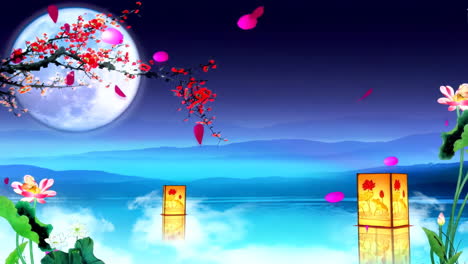 Peaceful-nature-Traditional-Chinese-style-national-trend-Full-Moon-Plum-Blossom-Lanterns-in-Lotus-Pond-Moonlight-Mid-Autumn-Festival-Party-animation-material-special