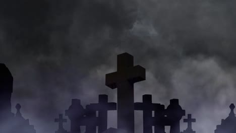 Christian-grave-site-silhouetted-against-dark-clouds-background