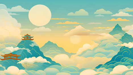 Fantasy-bright-ambience-landscape-beautiful-morning-sea-of-clouds-building-illustration-national-trend,-sky,-mountains,-flowers,-lake,-ancient-house-with-Japanese-Chinese-anime-watercolour-style