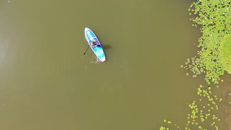 Volando-Por-Encima-De-Una-Joven-De-Pie-Remando-En-Una-Tabla-De-SUP-En-Un-Estanque-En-Verano