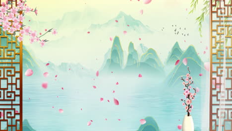 Dark-green-Mysterious-landscape-China's-traditional-Oriental-Digital-Art-animation,-Chinese-retro-painting-ink-misty-mountain-with-flowers,-tree,-birds,in-fog-background