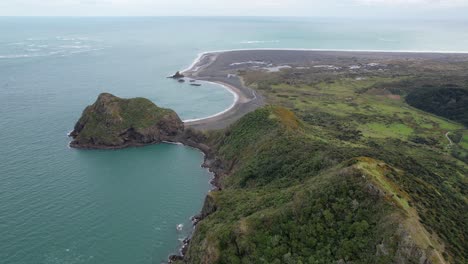 Paratutae-Island-And-Whatipu-Beach-In-New-Zealand---Aerial-Shot