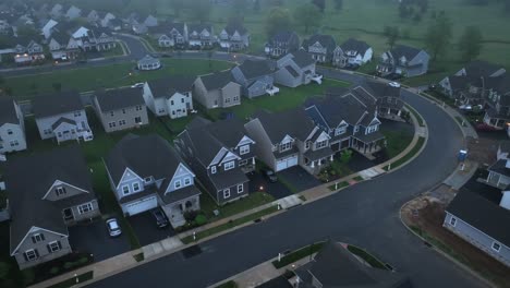 Modern-american-neighborhood-with-hovering-fog-in-the-air