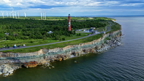 Pakri-Lighthouse,-Pakri-Cliff-In-Estonia---Aerial-Drone-Shot