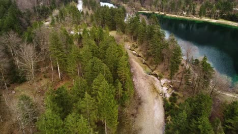 Mountain-lake-in-Golling,-Salzburg,-aerial-drone-flyover-forest,-nature-background