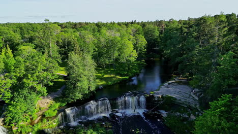 Scenic-Keila-Waterfall-In-Meremõisa,-Estonia---Aerial-Drone-Shot