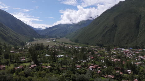 Aerial-View-Of-Village-In-Huycho,-Cusco,-Peru---Drone-Shot