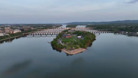 Several-bridges-and-island-of-Harrisburg-in-Susquehanna-River,-USA