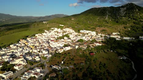 Aerial-perspective-of-Facinas,-whitewashed-Spanish-village-in-Costa-del-Sol,-Spain