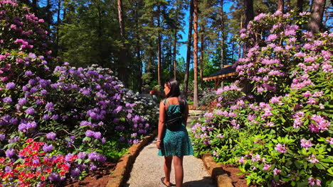 Tourist-Woman-Visiting-Flower-Garden-In-Summer---Slow-Motion