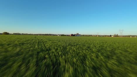 Vuelo-Rápido-Sobre-Verdes-Campos-Cultivados-Durante-La-Puesta-De-Sol-En-Estados-Unidos.