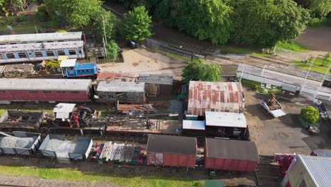 Aerial-view-above-Northamptonshire-Ironstone-railway-heritage-station-maintenance-yard