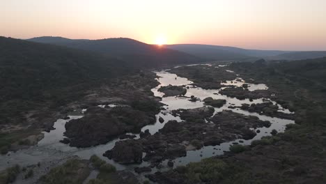 Komati-River-and-bushveld-in-early-morning-South-Africa,-forward-moving-drone-shot