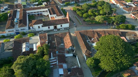 Aerial-View-Roldanillo-Town-Park-Ermita-Chapel-Orbit-Right-at-Sunset