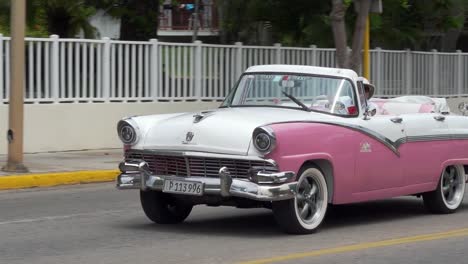 Ford-Fairlane-1956-Convertible-vintage-car-in-Varadero,-Cuba,-front-view,-slow-motion