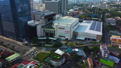 Aerial-view-in-front-of-the-Ayala-Malls-Circuit-shopping-center-in-Makati,-Philippines