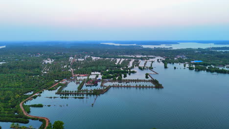 Morgenlandschaft-Aus-Den-Backwaters-Von-Kumarakom-Mit-Kokosnussbaum-Und-Spiegelbild-Im-Wasser,-Kerala