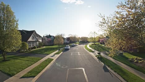 FPV-drone-flight-on-a-street-with-parking-cars-in-a-middle-class-neighborhood-in-the-usa-on-a-warm-day,-copy-space