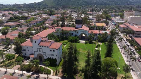 Aerial-Pullback-Reveals-Santa-Barbara-County-Courthouse-in-Sunny-California