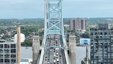 Busy-traffic-scene-on-Benjamin-Franklin-bridge-in-Philadelphia-during-sunny-day