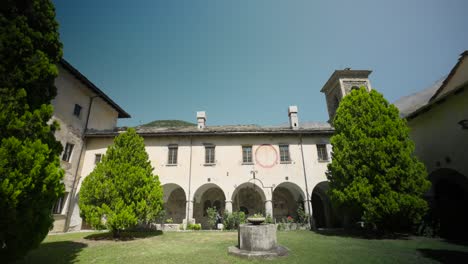 Captivating-view-of-the-serene-courtyard-at-Novalesa-Abbey,-Turin,-Piedmont