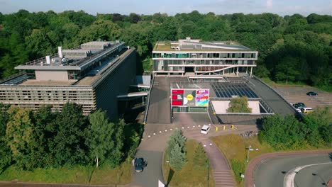 Aerial-footage-captures-iconic-VPRO-building-at-Media-Park-in-Hilversum,-designed-by-architect-Winy-Maas