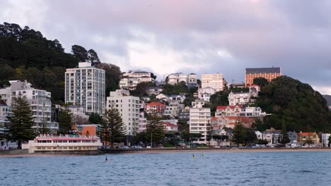 Zeitraffer-Mit-Blick-Auf-Oriental-Bay-Und-Hafen-Mit-Verkehr-Und-Schnell-Ziehenden-Wolken-In-Wellington,-Neuseeland-Aotearoa