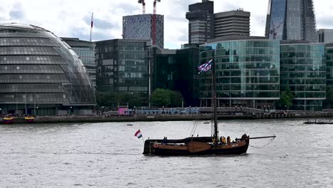 Netherlands-Boat-within-River-Thames,-London,-United-Kingdom