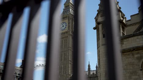 View-of-the-famous-Big-Ben-clock-tower-behind-gates-at-Westminster,-London