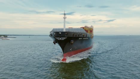 MSC-Vanessa-container-vessel-sail-near-panama-canal,-orbit-aerial-shot